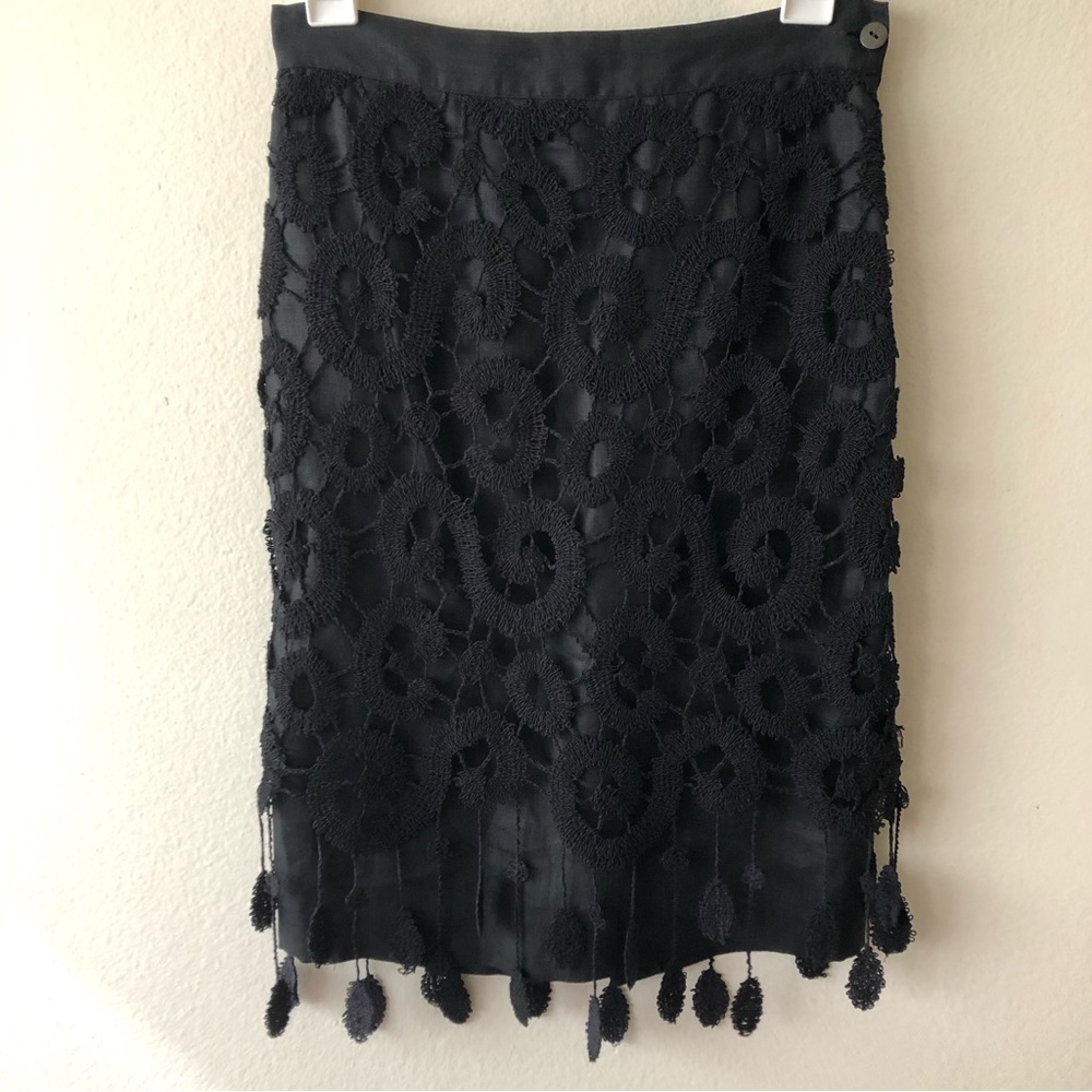 Vintage Loretta Di Lorenzo Linen Pencil Skirt w/ Cutout Crochet Overlay Small